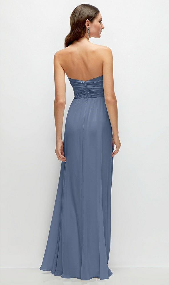 Back View - Larkspur Blue Strapless Pleated Surplice Chiffon Maxi Dress with A-Line Skirt