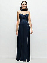 Front View Thumbnail - Midnight Navy Strapless Pleated Surplice Chiffon Maxi Dress with A-Line Skirt