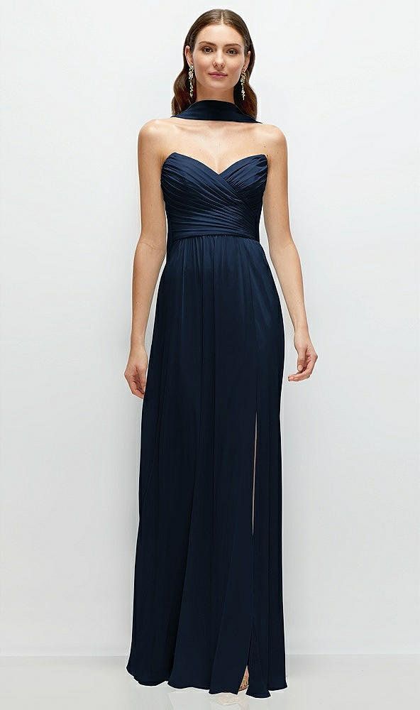 Front View - Midnight Navy Strapless Pleated Surplice Chiffon Maxi Dress with A-Line Skirt