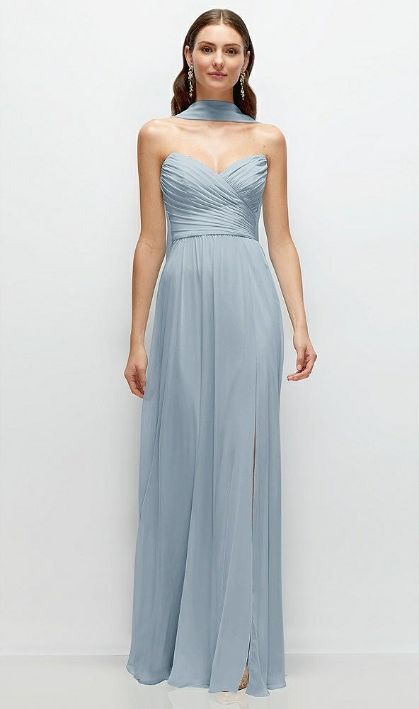 Front View - Mist Strapless Pleated Surplice Chiffon Maxi Dress with A-Line Skirt