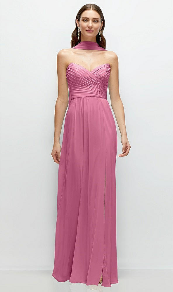 Front View - Orchid Pink Strapless Pleated Surplice Chiffon Maxi Dress with A-Line Skirt