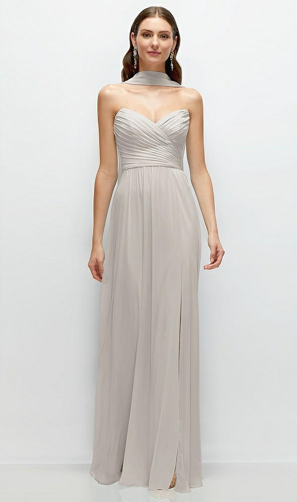 Front View - Oyster Strapless Pleated Surplice Chiffon Maxi Dress with A-Line Skirt