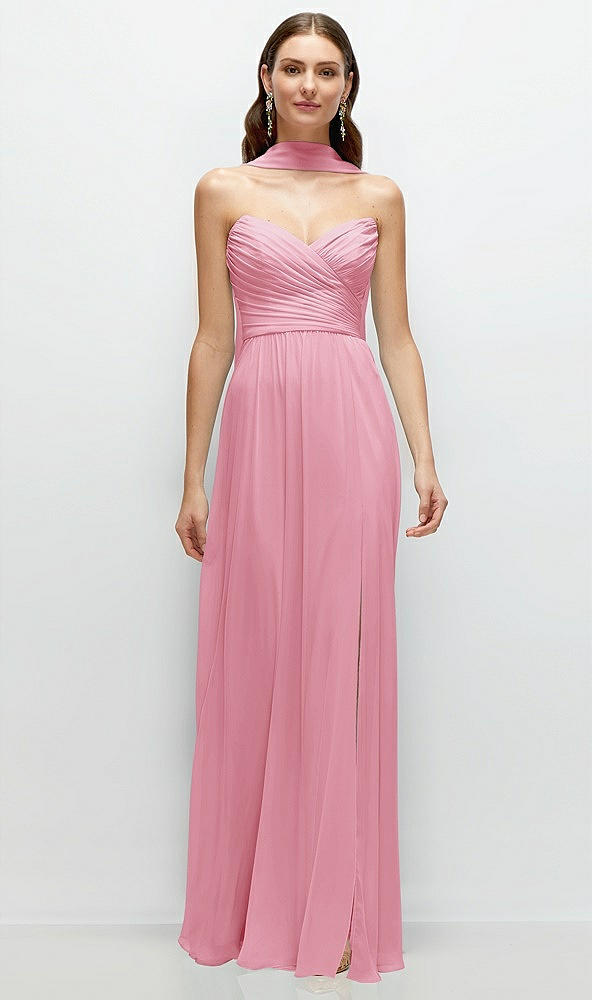 Front View - Peony Pink Strapless Pleated Surplice Chiffon Maxi Dress with A-Line Skirt