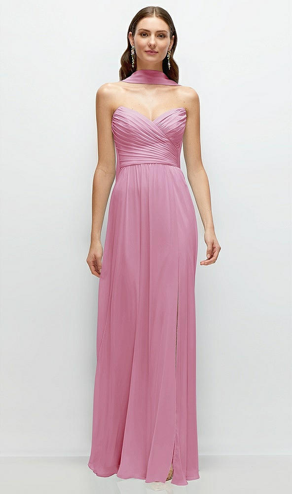 Front View - Powder Pink Strapless Pleated Surplice Chiffon Maxi Dress with A-Line Skirt