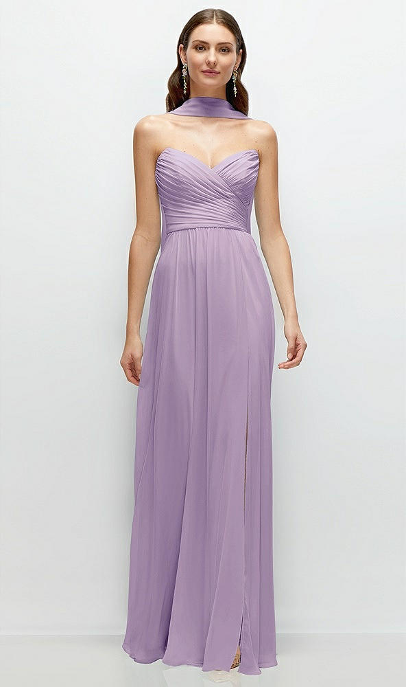 Front View - Pale Purple Strapless Pleated Surplice Chiffon Maxi Dress with A-Line Skirt