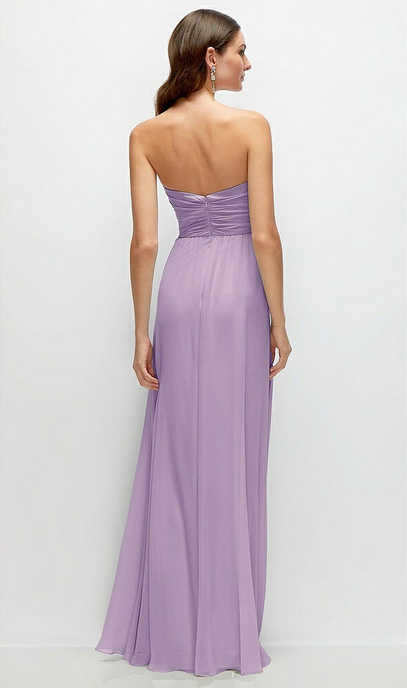 Back View - Pale Purple Strapless Pleated Surplice Chiffon Maxi Dress with A-Line Skirt