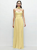 Front View Thumbnail - Pale Yellow Strapless Pleated Surplice Chiffon Maxi Dress with A-Line Skirt