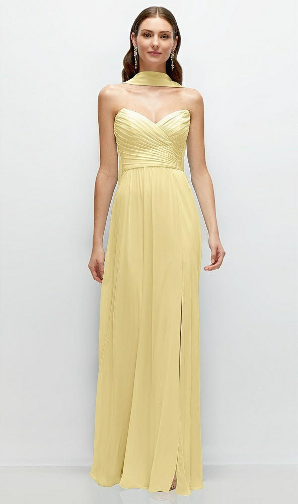 Front View - Pale Yellow Strapless Pleated Surplice Chiffon Maxi Dress with A-Line Skirt