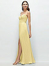 Side View Thumbnail - Pale Yellow Strapless Pleated Surplice Chiffon Maxi Dress with A-Line Skirt