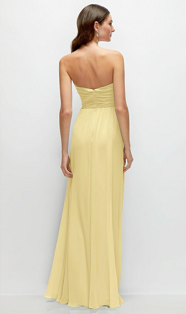 Back View - Pale Yellow Strapless Pleated Surplice Chiffon Maxi Dress with A-Line Skirt