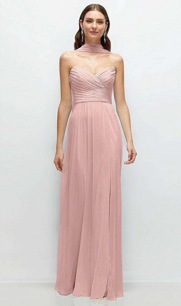 Front View - Rose - PANTONE Rose Quartz Strapless Pleated Surplice Chiffon Maxi Dress with A-Line Skirt