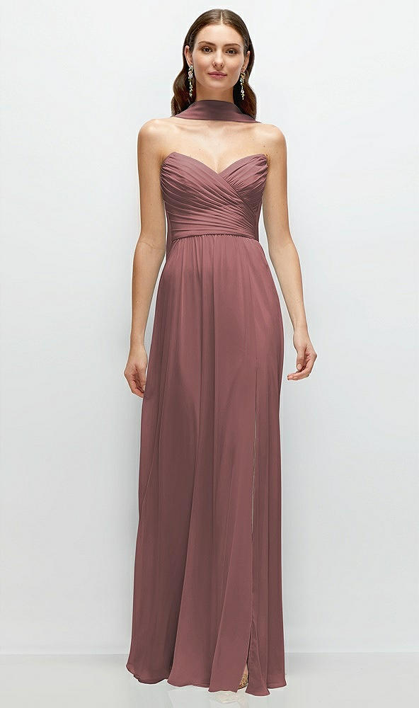 Front View - Rosewood Strapless Pleated Surplice Chiffon Maxi Dress with A-Line Skirt