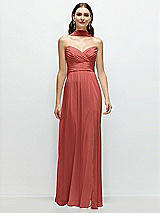 Front View Thumbnail - Coral Pink Strapless Pleated Surplice Chiffon Maxi Dress with A-Line Skirt