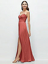 Side View Thumbnail - Coral Pink Strapless Pleated Surplice Chiffon Maxi Dress with A-Line Skirt