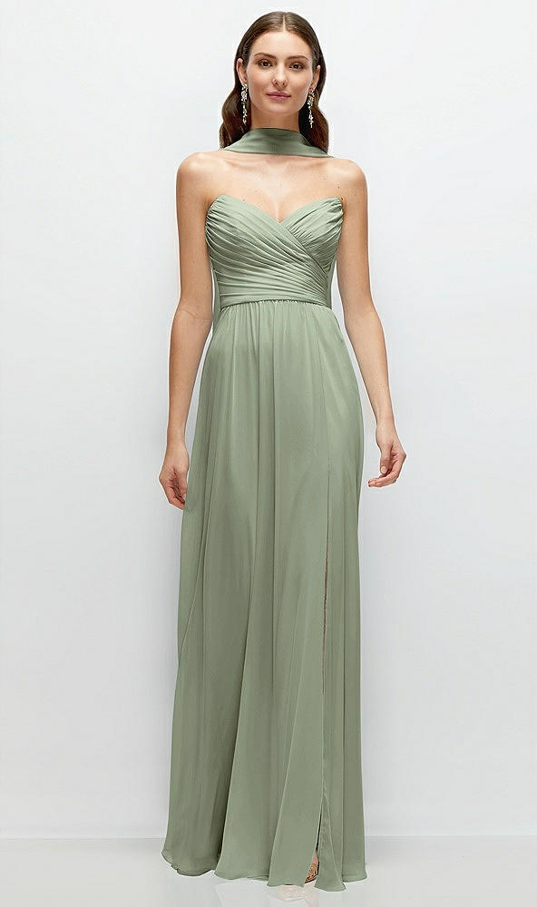 Front View - Sage Strapless Pleated Surplice Chiffon Maxi Dress with A-Line Skirt