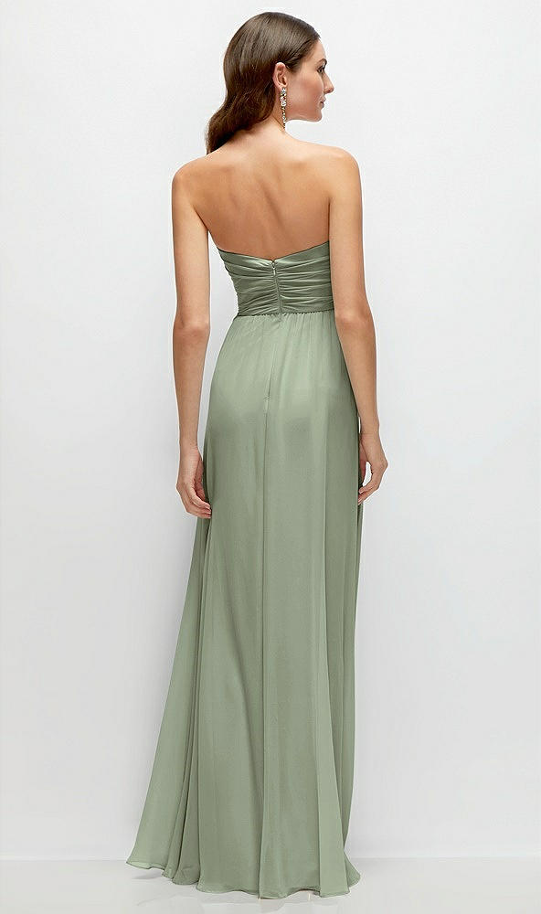 Back View - Sage Strapless Pleated Surplice Chiffon Maxi Dress with A-Line Skirt