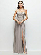 Alt View 1 Thumbnail - Taupe Strapless Pleated Surplice Chiffon Maxi Dress with A-Line Skirt