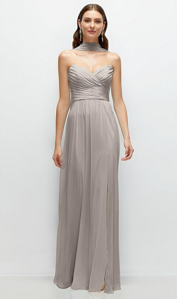 Front View - Taupe Strapless Pleated Surplice Chiffon Maxi Dress with A-Line Skirt