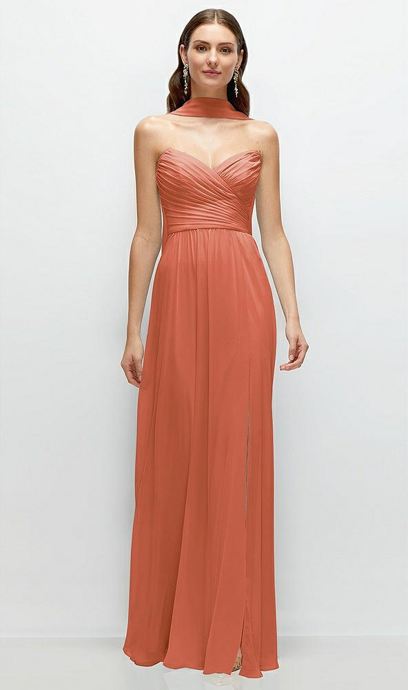 Front View - Terracotta Copper Strapless Pleated Surplice Chiffon Maxi Dress with A-Line Skirt