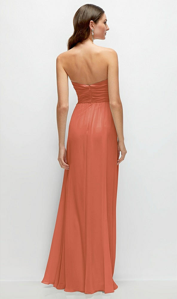 Back View - Terracotta Copper Strapless Pleated Surplice Chiffon Maxi Dress with A-Line Skirt