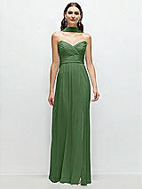 Front View Thumbnail - Vineyard Green Strapless Pleated Surplice Chiffon Maxi Dress with A-Line Skirt