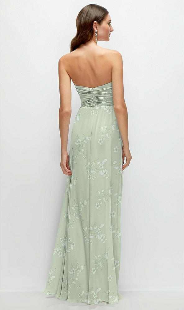 Back View - Vintage Primrose Sage Strapless Pleated Surplice Chiffon Maxi Dress with A-Line Skirt