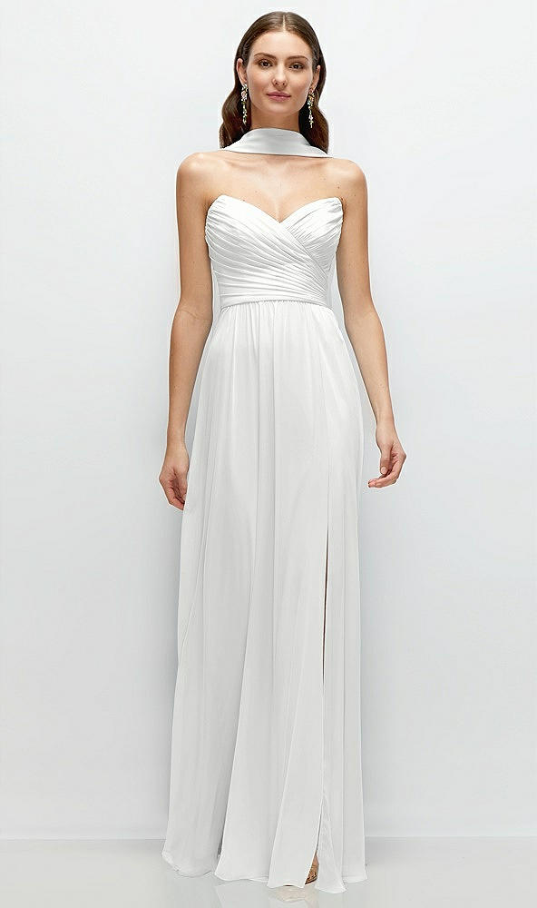 Front View - White Strapless Pleated Surplice Chiffon Maxi Dress with A-Line Skirt