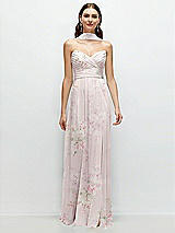 Front View Thumbnail - Watercolor Print Strapless Pleated Surplice Chiffon Maxi Dress with A-Line Skirt