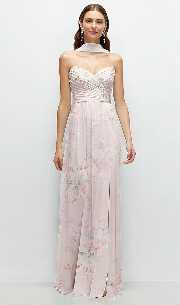 Front View - Watercolor Print Strapless Pleated Surplice Chiffon Maxi Dress with A-Line Skirt