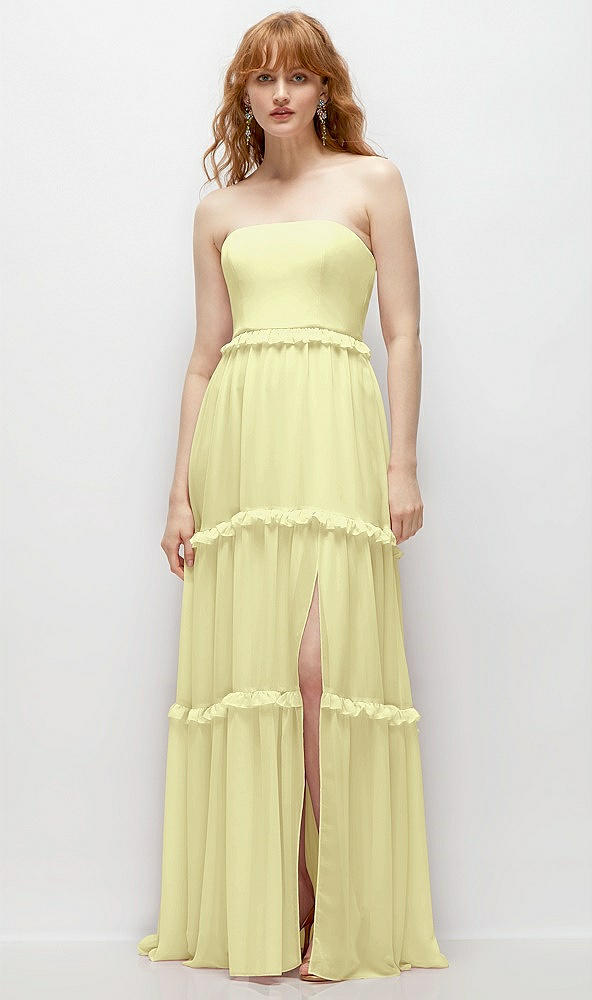 Front View - Butter Yellow Strapless Chiffon Maxi Dress with Tiered Micro Ruffle Full Skirt