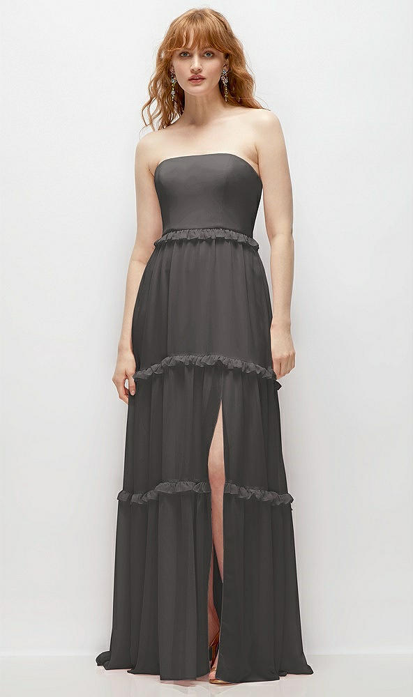 Front View - Caviar Gray Strapless Chiffon Maxi Dress with Tiered Micro Ruffle Full Skirt