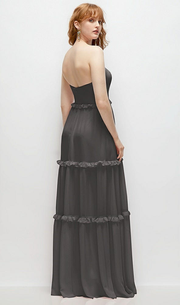 Back View - Caviar Gray Strapless Chiffon Maxi Dress with Tiered Micro Ruffle Full Skirt