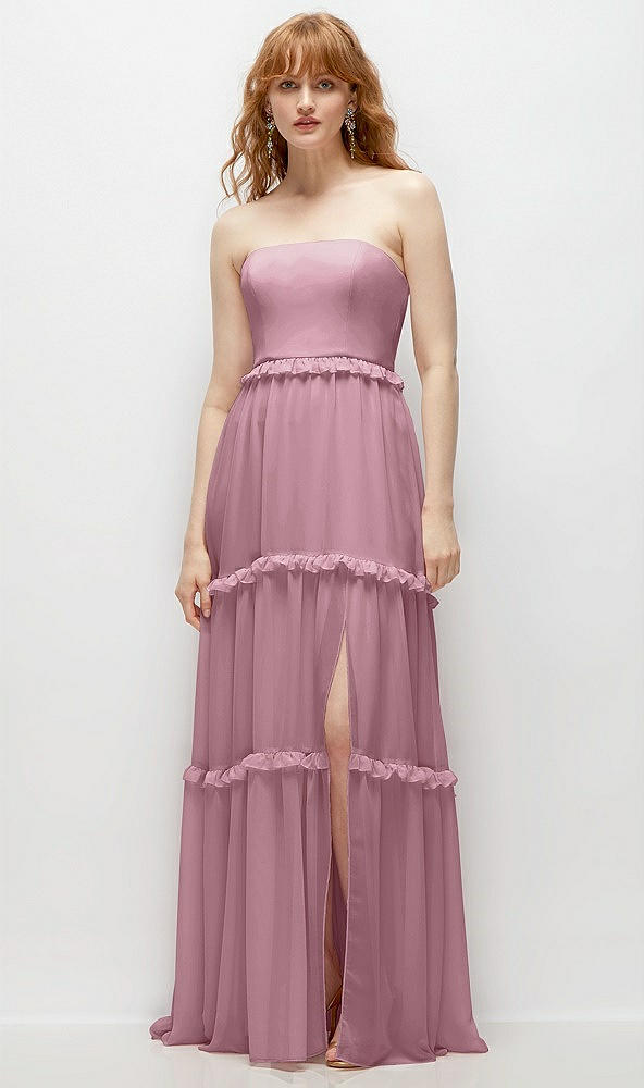 Front View - Dusty Pink Strapless Chiffon Maxi Dress with Tiered Micro Ruffle Full Skirt