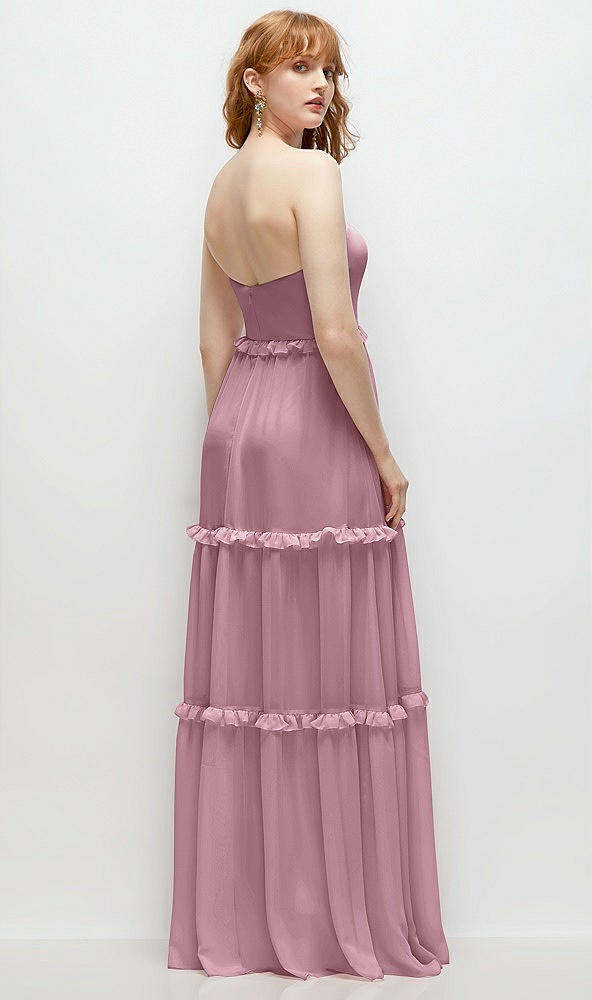 Back View - Dusty Pink Strapless Chiffon Maxi Dress with Tiered Micro Ruffle Full Skirt