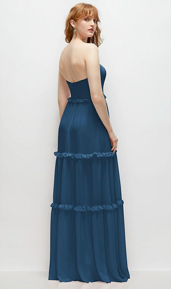 Back View - Dusk Blue Strapless Chiffon Maxi Dress with Tiered Micro Ruffle Full Skirt