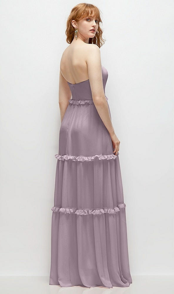 Back View - Lilac Dusk Strapless Chiffon Maxi Dress with Tiered Micro Ruffle Full Skirt