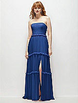 Front View Thumbnail - Classic Blue Strapless Chiffon Maxi Dress with Tiered Micro Ruffle Full Skirt