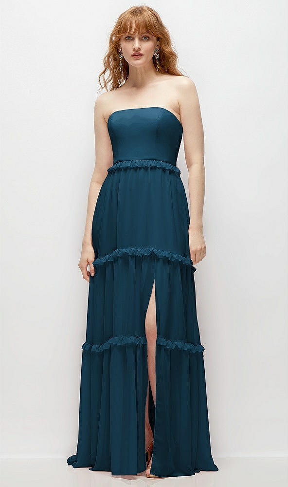 Front View - Atlantic Blue Strapless Chiffon Maxi Dress with Tiered Micro Ruffle Full Skirt