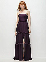 Front View Thumbnail - Aubergine Strapless Chiffon Maxi Dress with Tiered Micro Ruffle Full Skirt