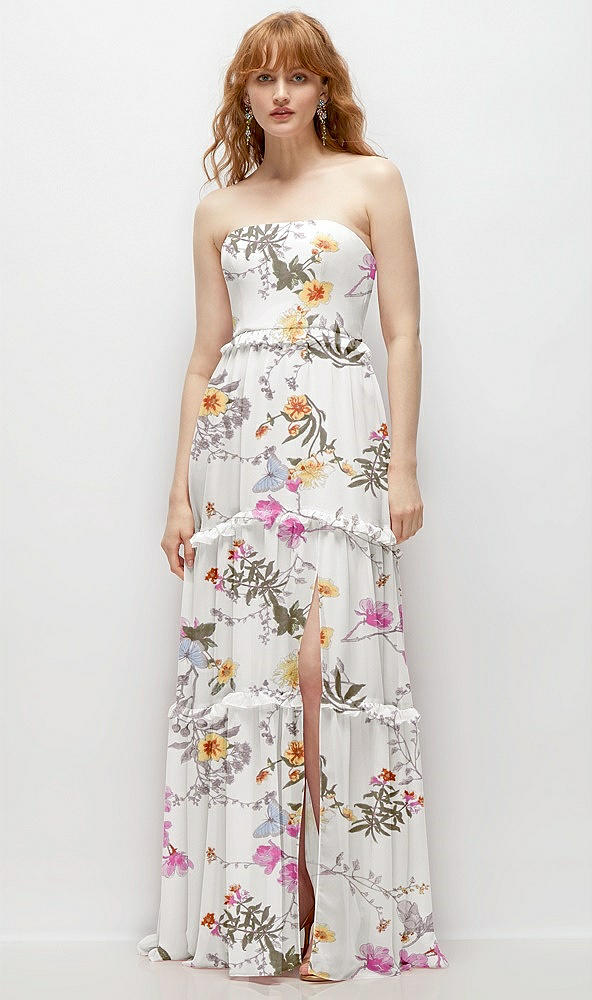 Front View - Butterfly Botanica Ivory Strapless Chiffon Maxi Dress with Tiered Micro Ruffle Full Skirt