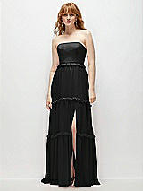 Front View Thumbnail - Black Strapless Chiffon Maxi Dress with Tiered Micro Ruffle Full Skirt