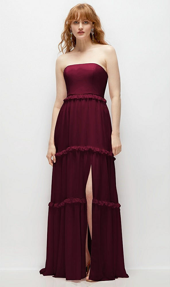 Front View - Cabernet Strapless Chiffon Maxi Dress with Tiered Micro Ruffle Full Skirt