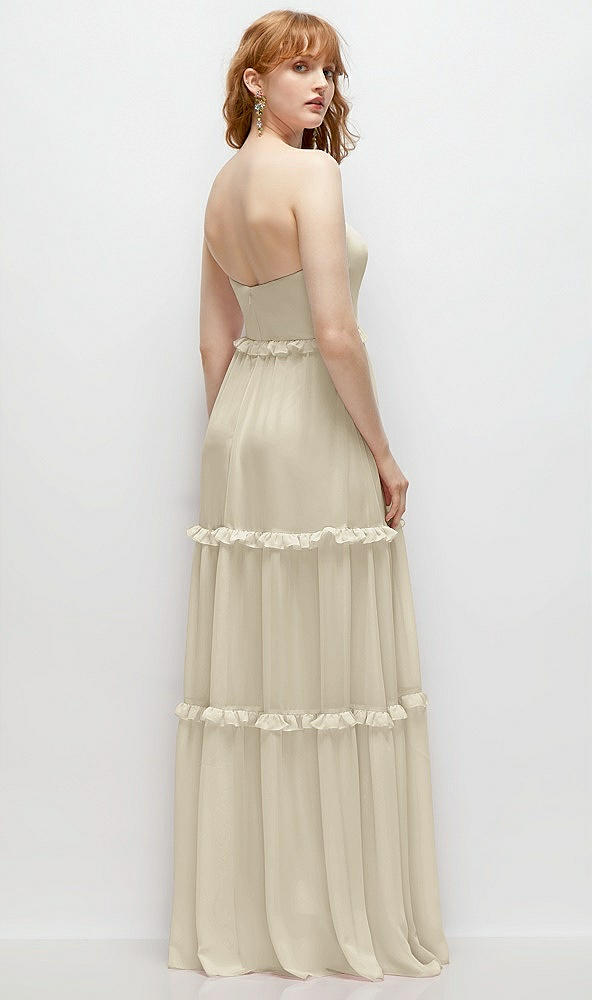 Back View - Champagne Strapless Chiffon Maxi Dress with Tiered Micro Ruffle Full Skirt