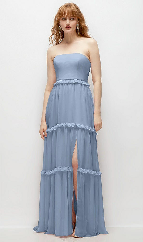 Front View - Cloudy Strapless Chiffon Maxi Dress with Tiered Micro Ruffle Full Skirt