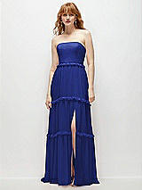 Front View Thumbnail - Cobalt Blue Strapless Chiffon Maxi Dress with Tiered Micro Ruffle Full Skirt