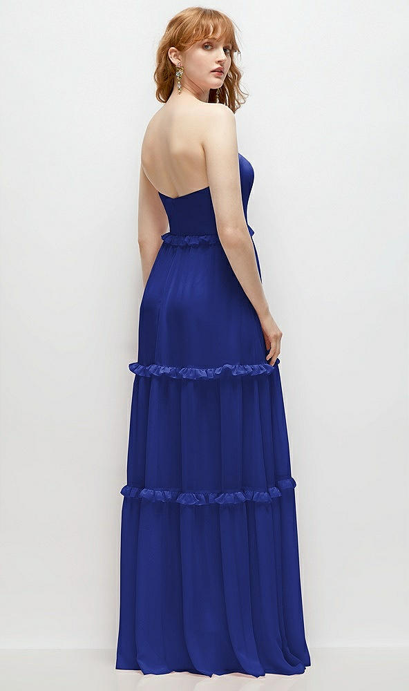 Back View - Cobalt Blue Strapless Chiffon Maxi Dress with Tiered Micro Ruffle Full Skirt