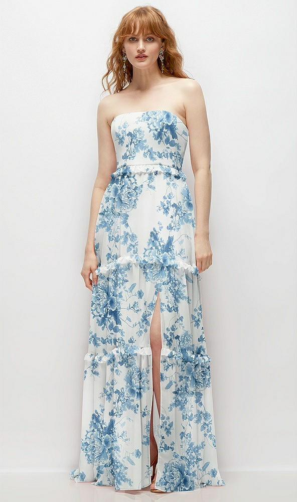 Front View - Cottage Rose Dusk Blue Strapless Chiffon Maxi Dress with Tiered Micro Ruffle Full Skirt