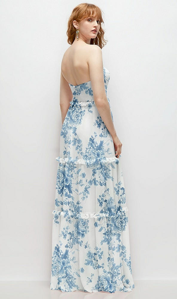 Back View - Cottage Rose Dusk Blue Strapless Chiffon Maxi Dress with Tiered Micro Ruffle Full Skirt