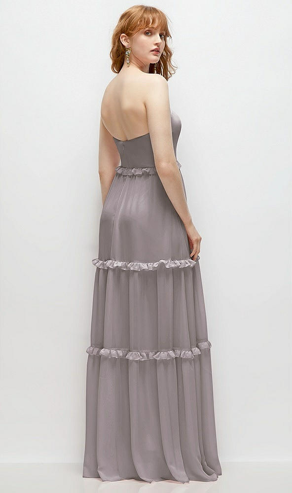 Back View - Cashmere Gray Strapless Chiffon Maxi Dress with Tiered Micro Ruffle Full Skirt