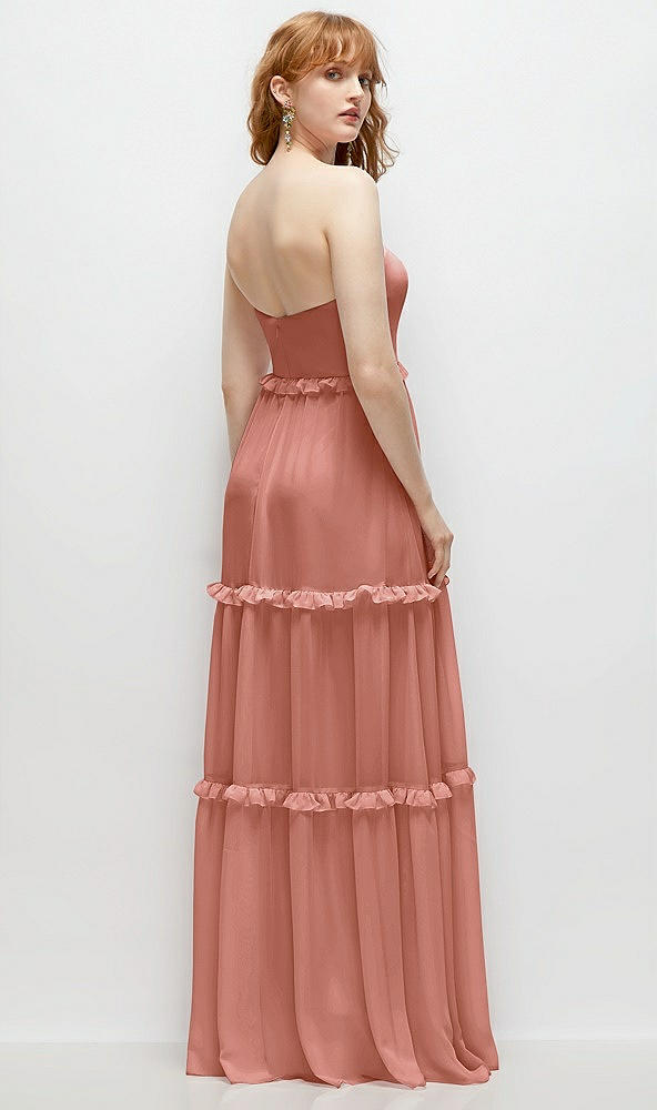 Back View - Desert Rose Strapless Chiffon Maxi Dress with Tiered Micro Ruffle Full Skirt